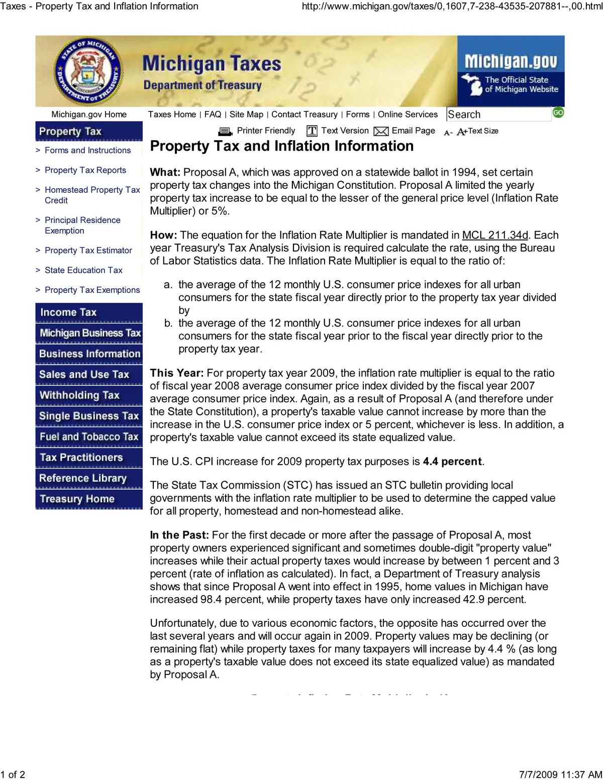 Screenshot of a webpage explaining property tax and inflation information, with navigation links and explanatory text.