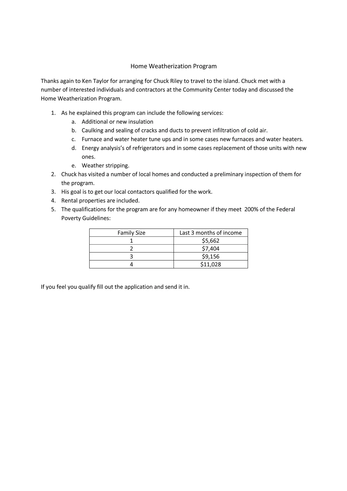 Typed notice outlining a home weatherization program, services, eligibility thresholds, and application instructions.