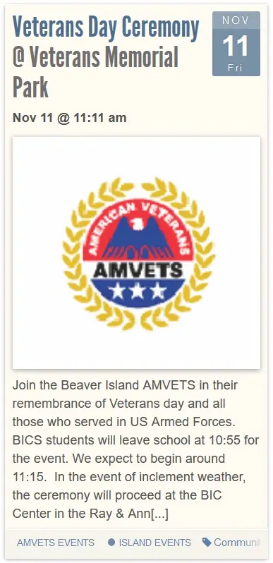 Webpage-style announcement with a veterans emblem and details for a memorial ceremony.