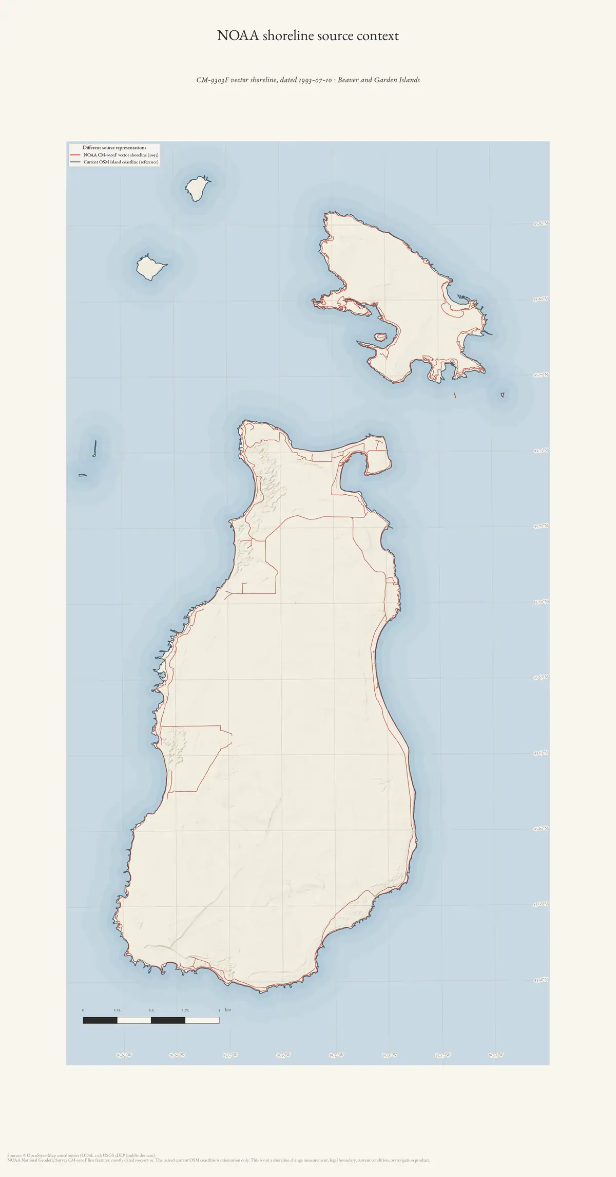 Map plate showing two large landmasses and smaller offshore features with contrasting shoreline lines.