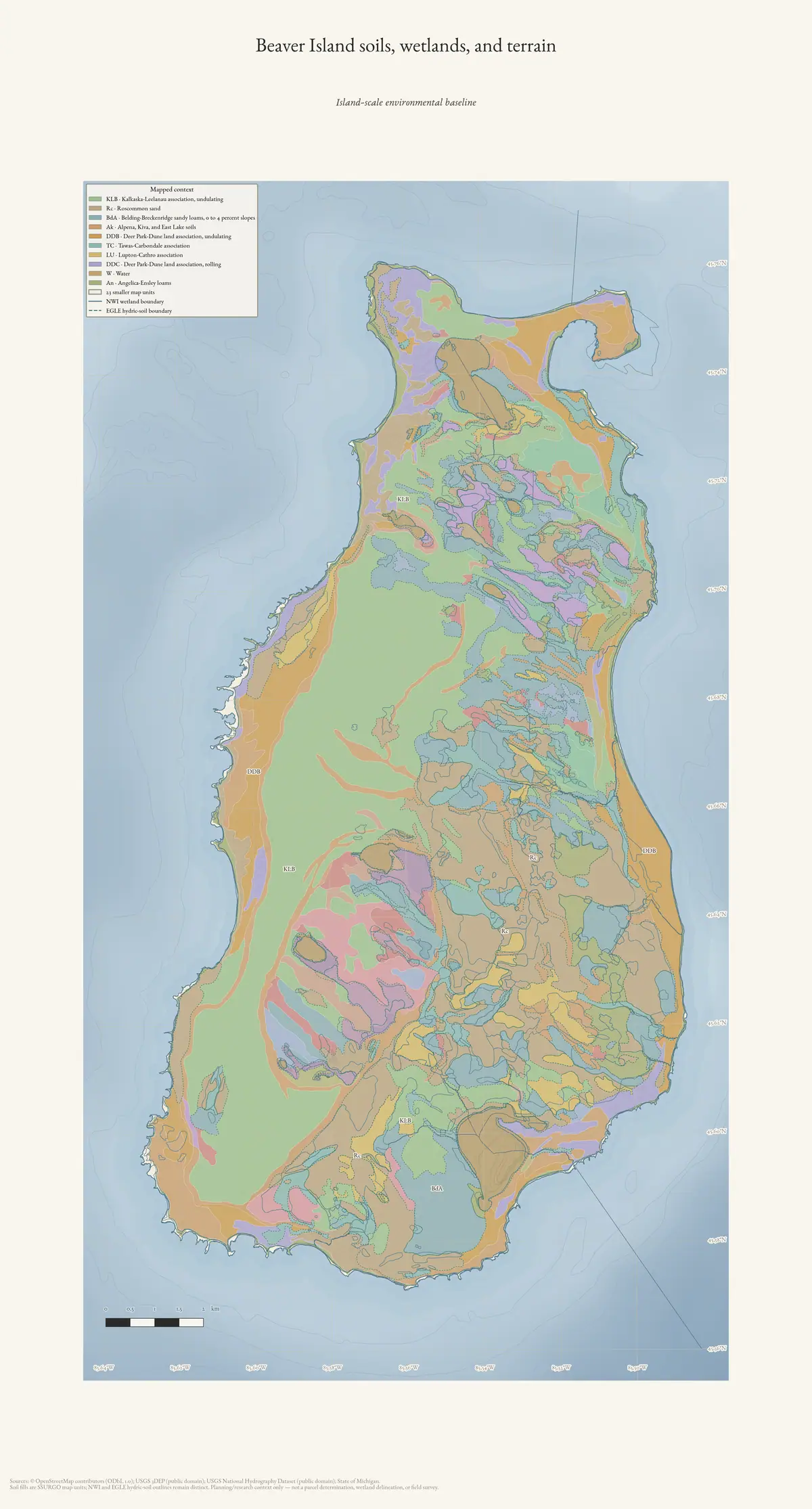 Map: Beaver Island soils, wetlands, and terrain.