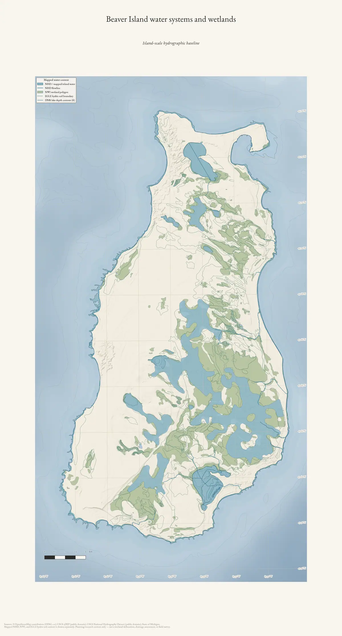 Map: Beaver Island water systems and wetlands.