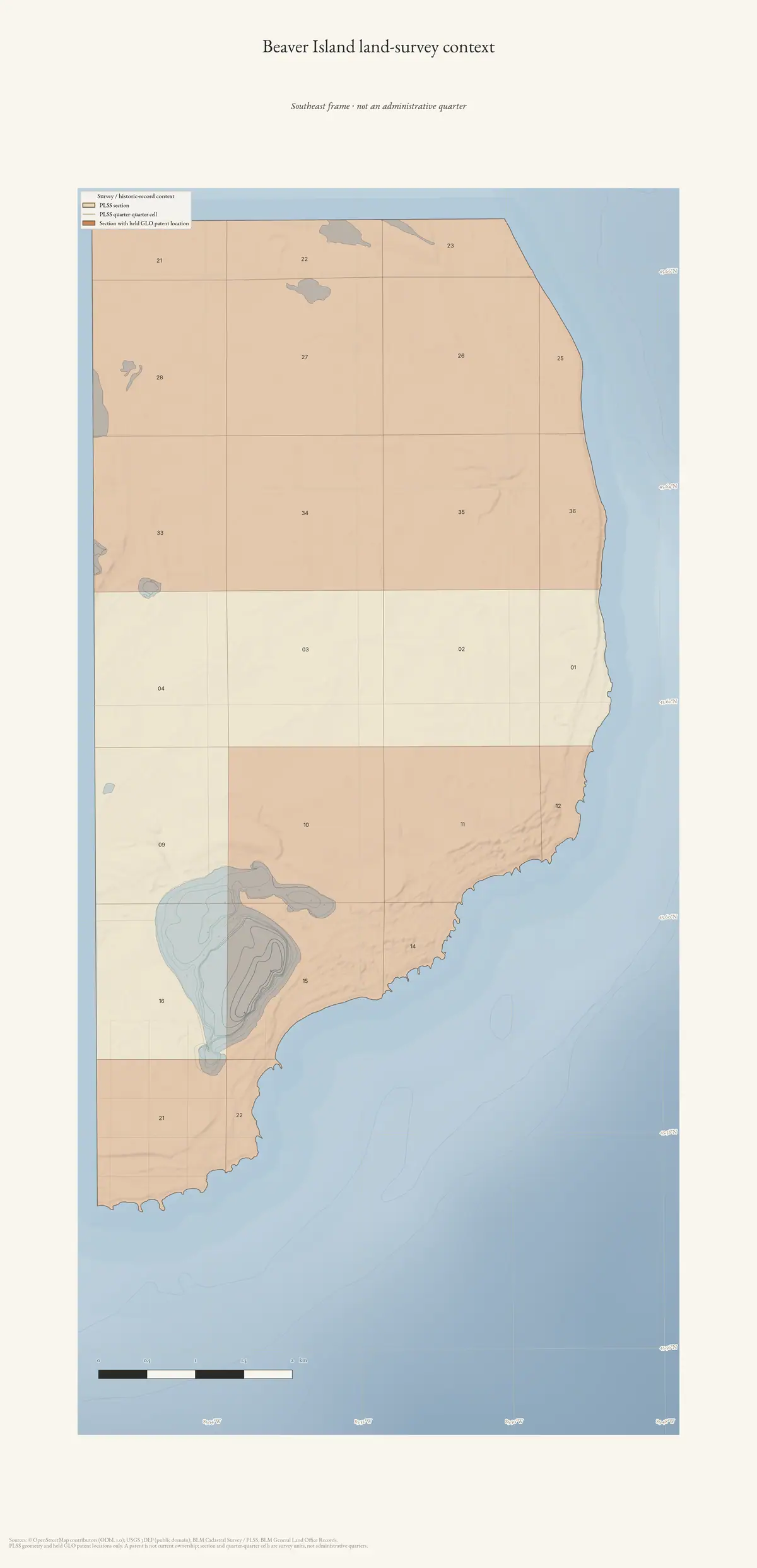 Map: Beaver Island land-survey detail — Southeast.