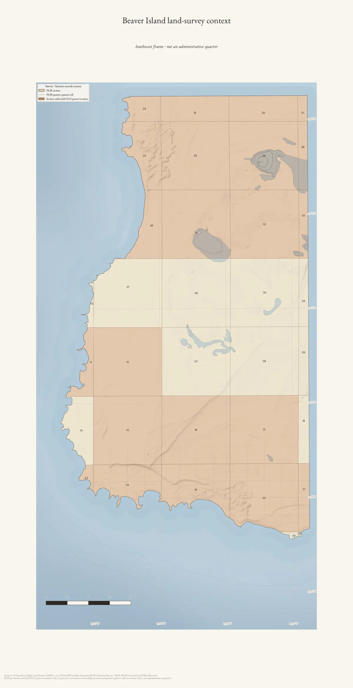 Map: Beaver Island land-survey detail — Southwest.