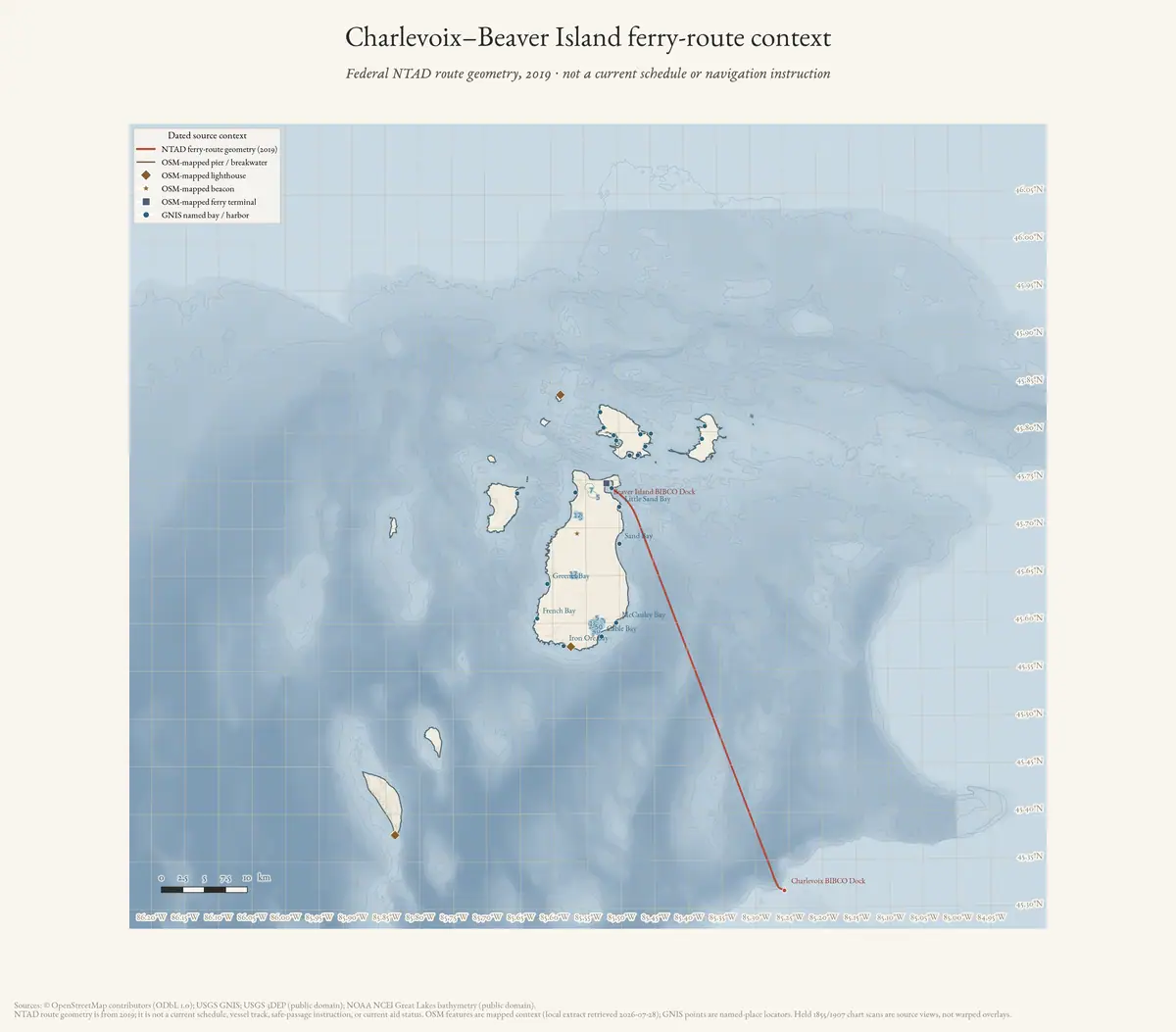 Map: Charlevoix–Beaver Island ferry-route context (2019).