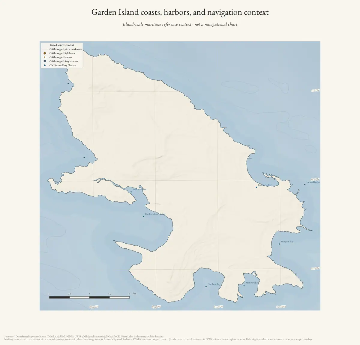 Map: Garden Island coasts, harbors, and navigation context.