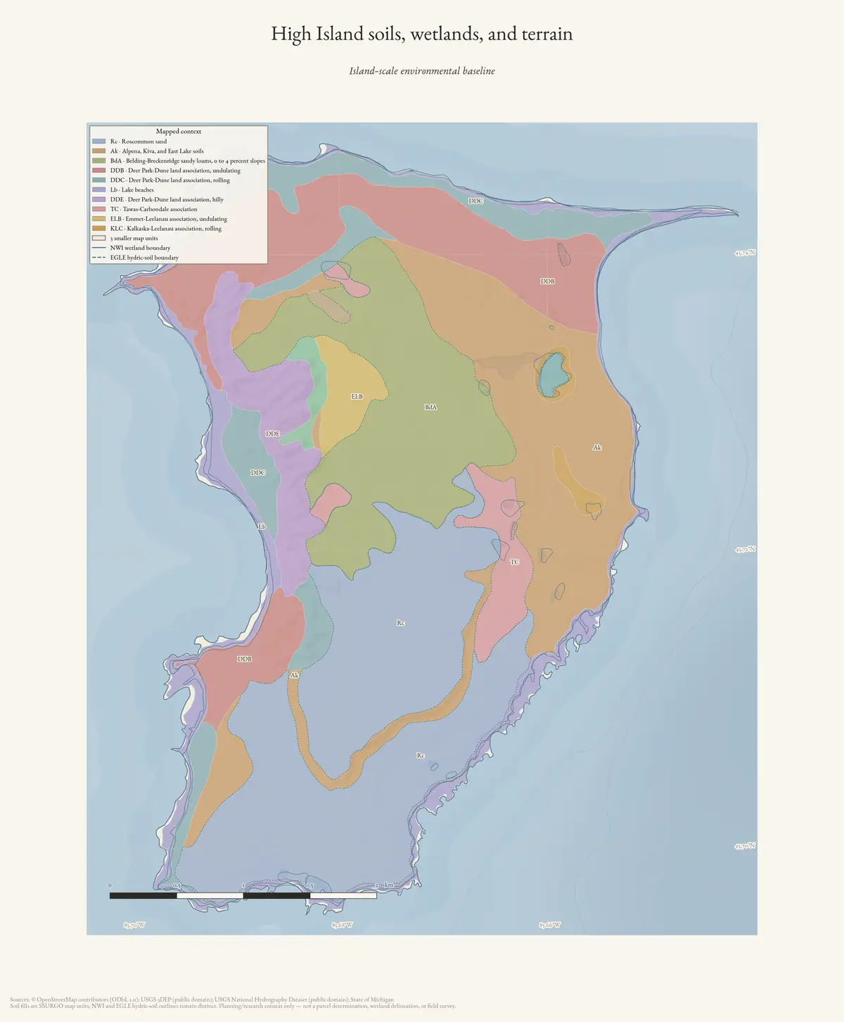Map: High Island soils, wetlands, and terrain.