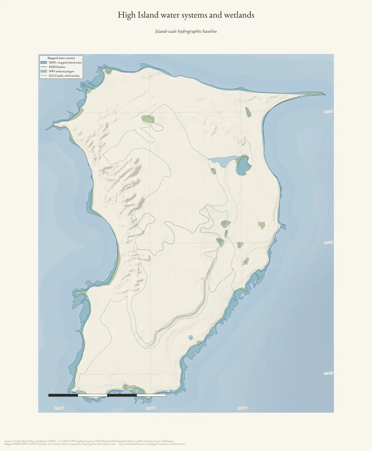 Map: High Island water systems and wetlands.