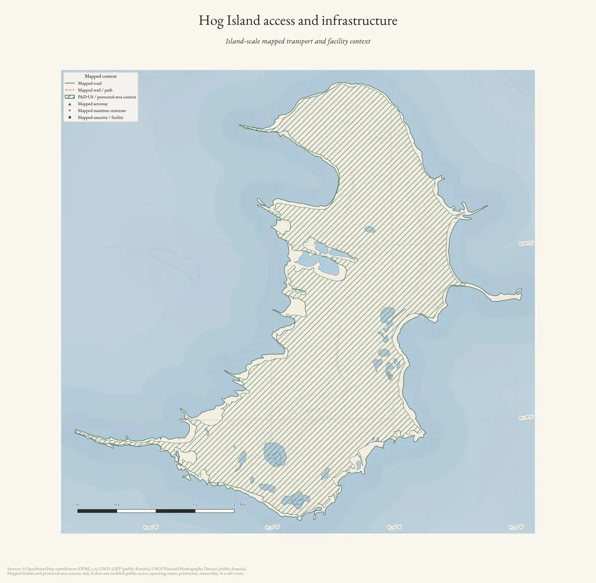 Map: Hog Island access and infrastructure.