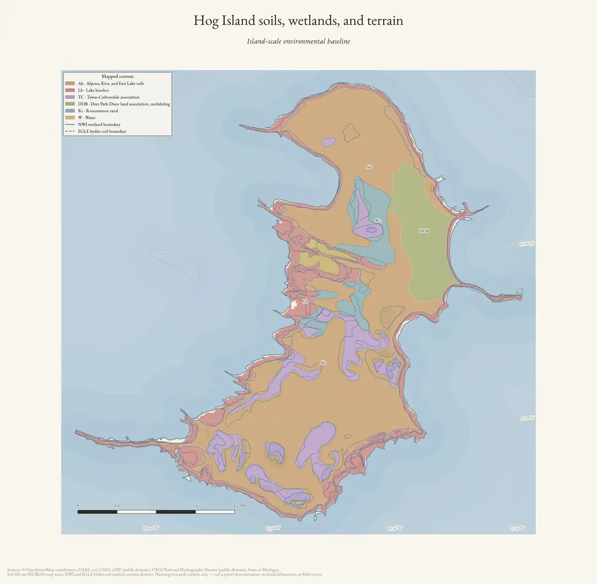 Map: Hog Island soils, wetlands, and terrain.