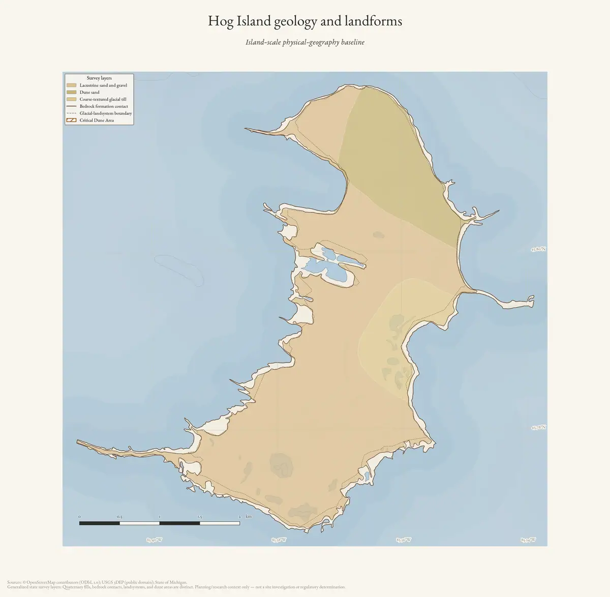 Map: Hog Island geology and landforms.