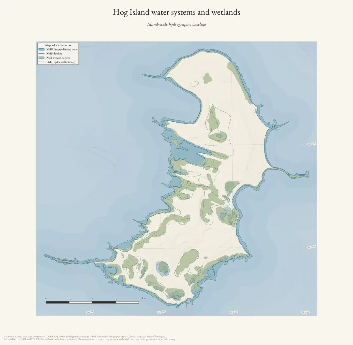 Map: Hog Island water systems and wetlands.