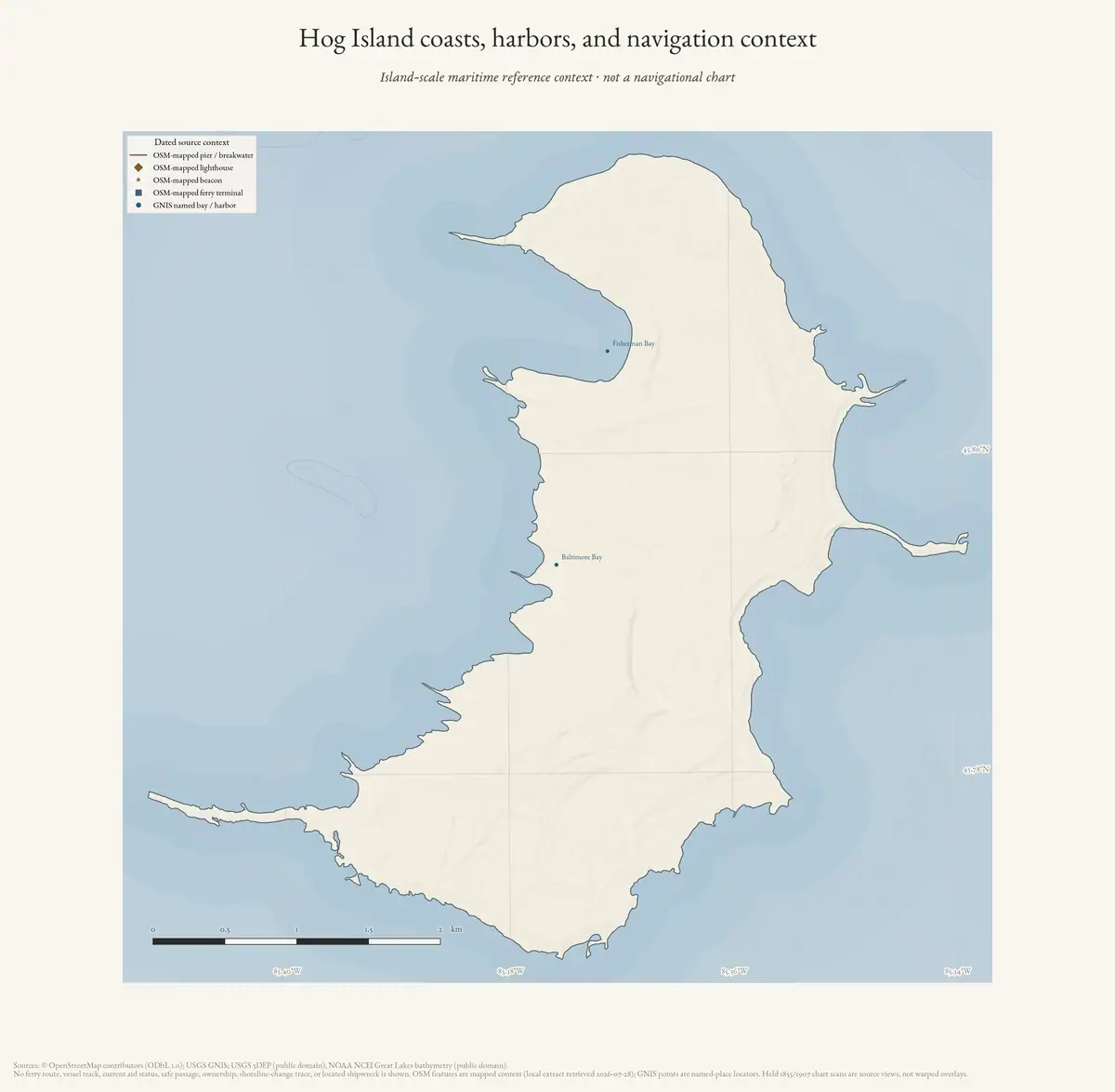 Map: Hog Island coasts, harbors, and navigation context.