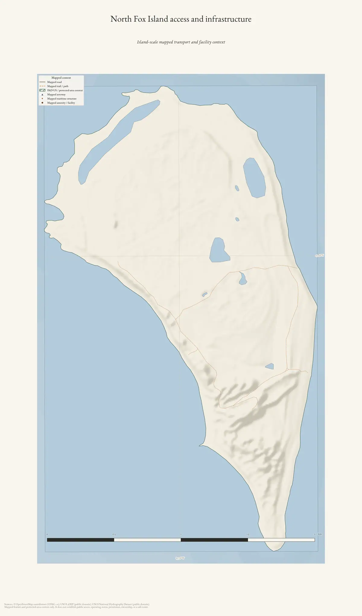 Map: North Fox Island access and infrastructure.