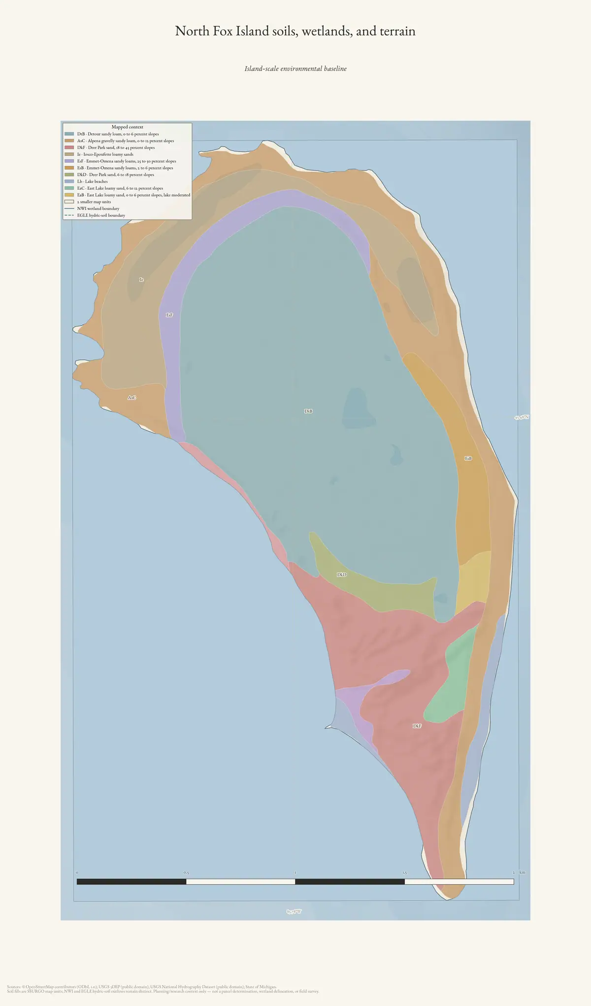Map: North Fox Island soils, wetlands, and terrain.