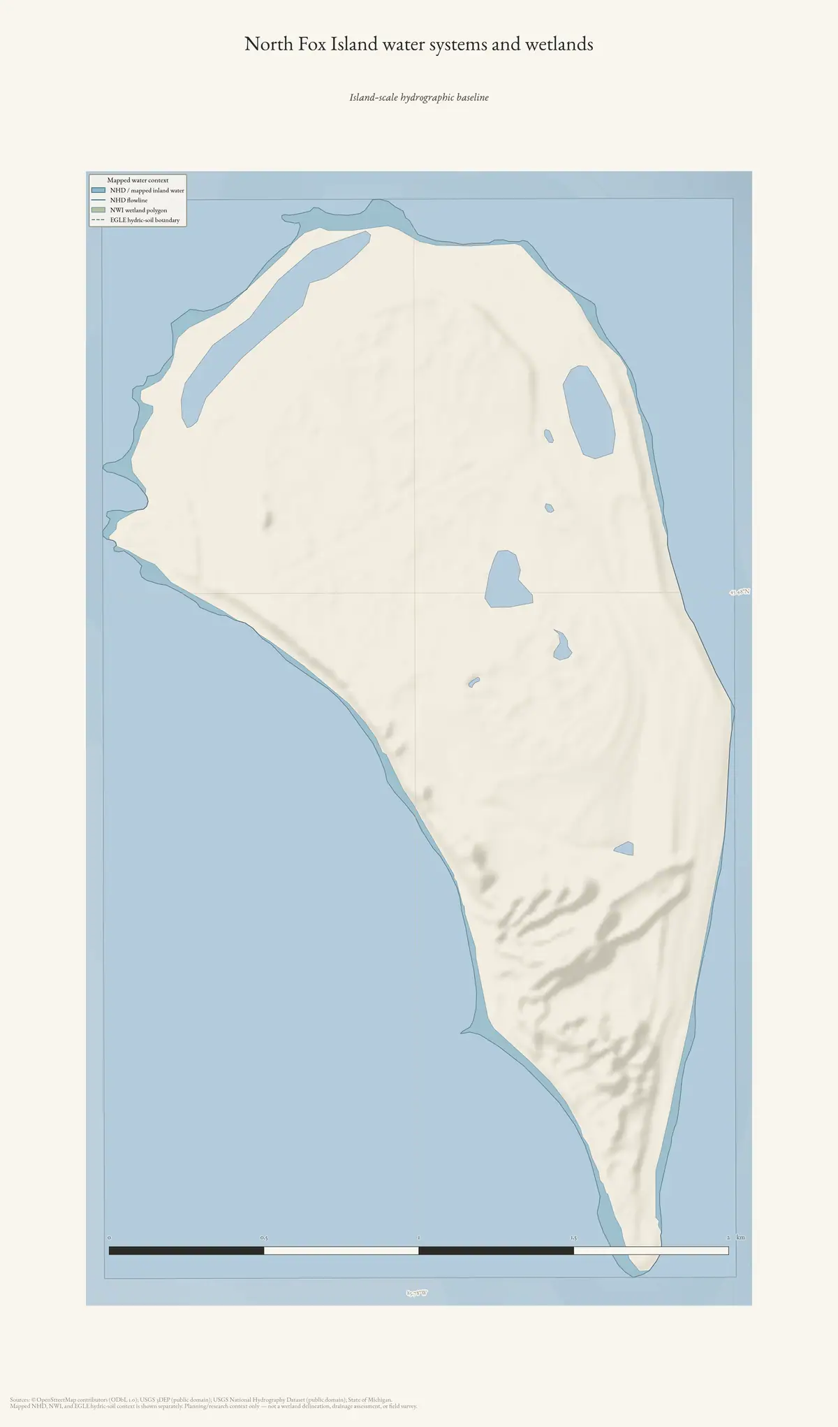 Map: North Fox Island water systems and wetlands.