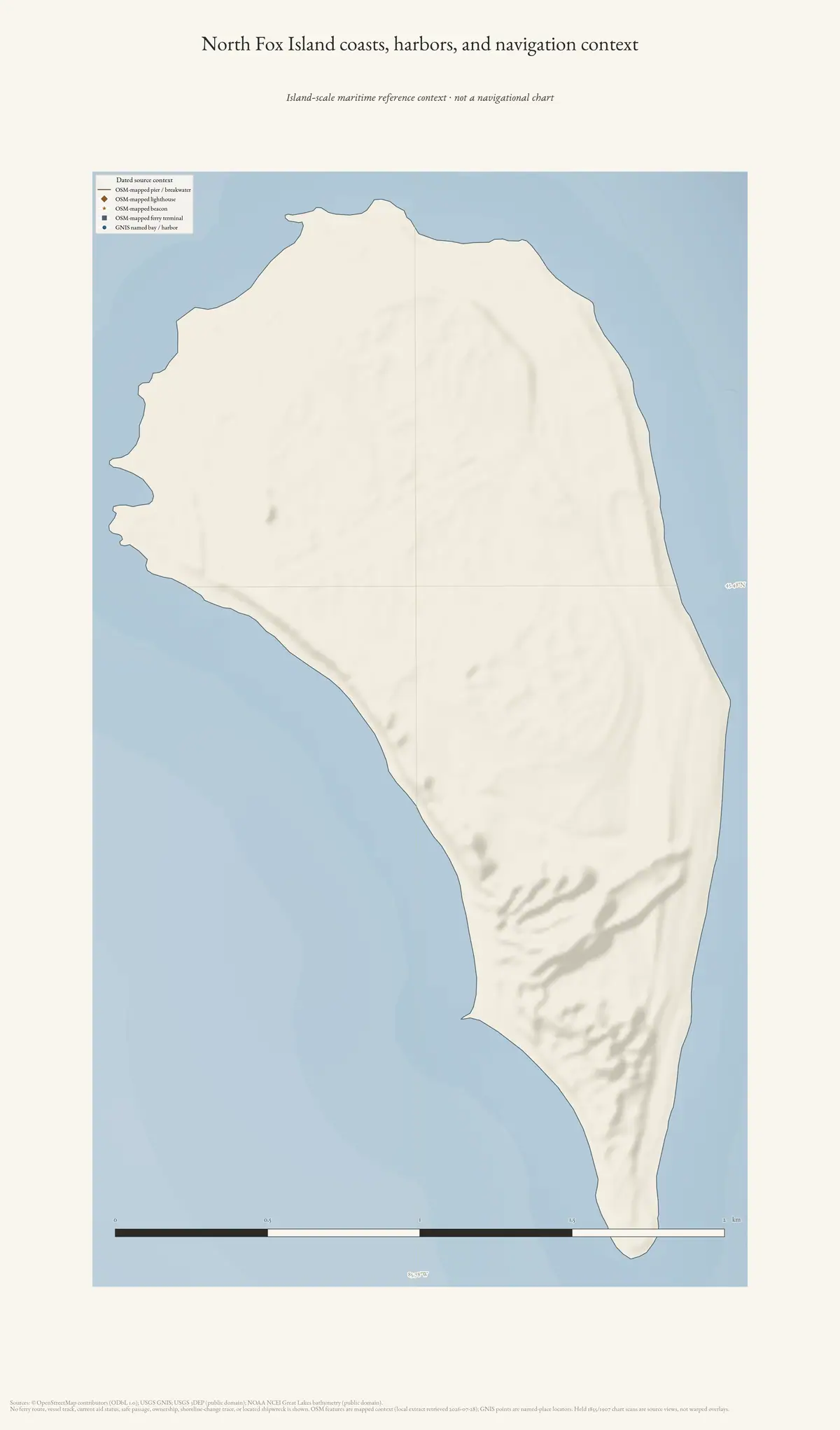 Map: North Fox Island coasts, harbors, and navigation context.