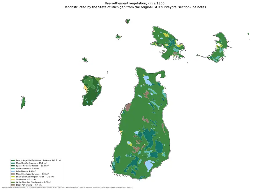 Map: pre-settlement vegetation of the Beaver Island archipelago circa 1800,