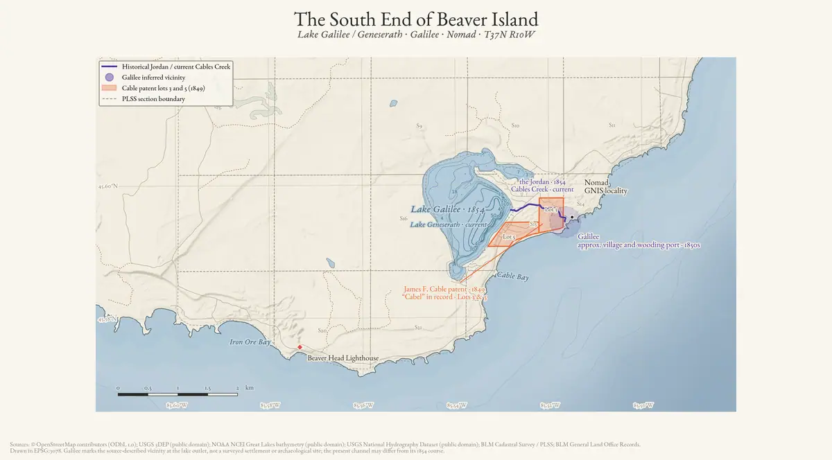 Historical map plate showing shorelines, survey sections, patent lots, and waterways.