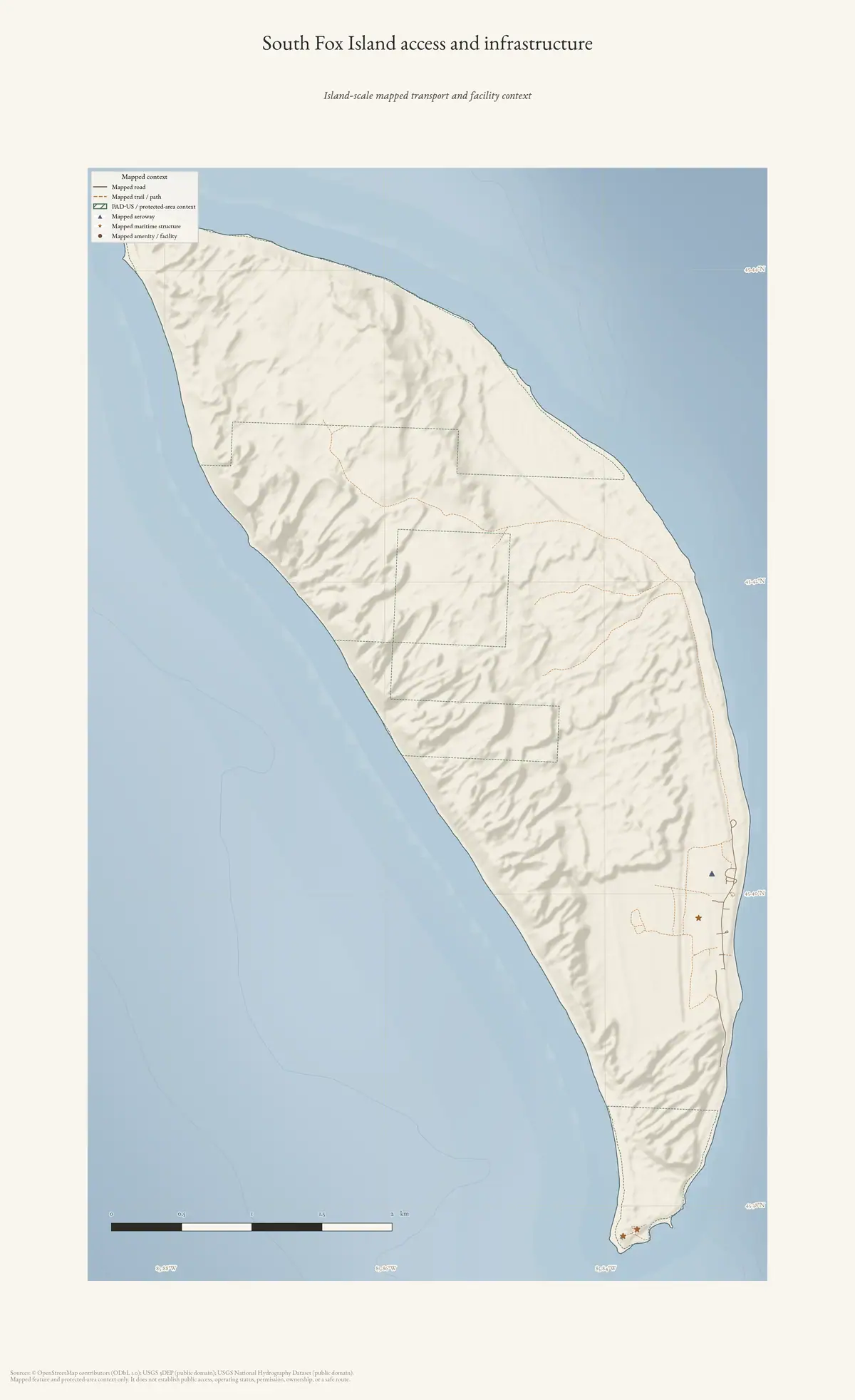 Map: South Fox Island access and infrastructure.