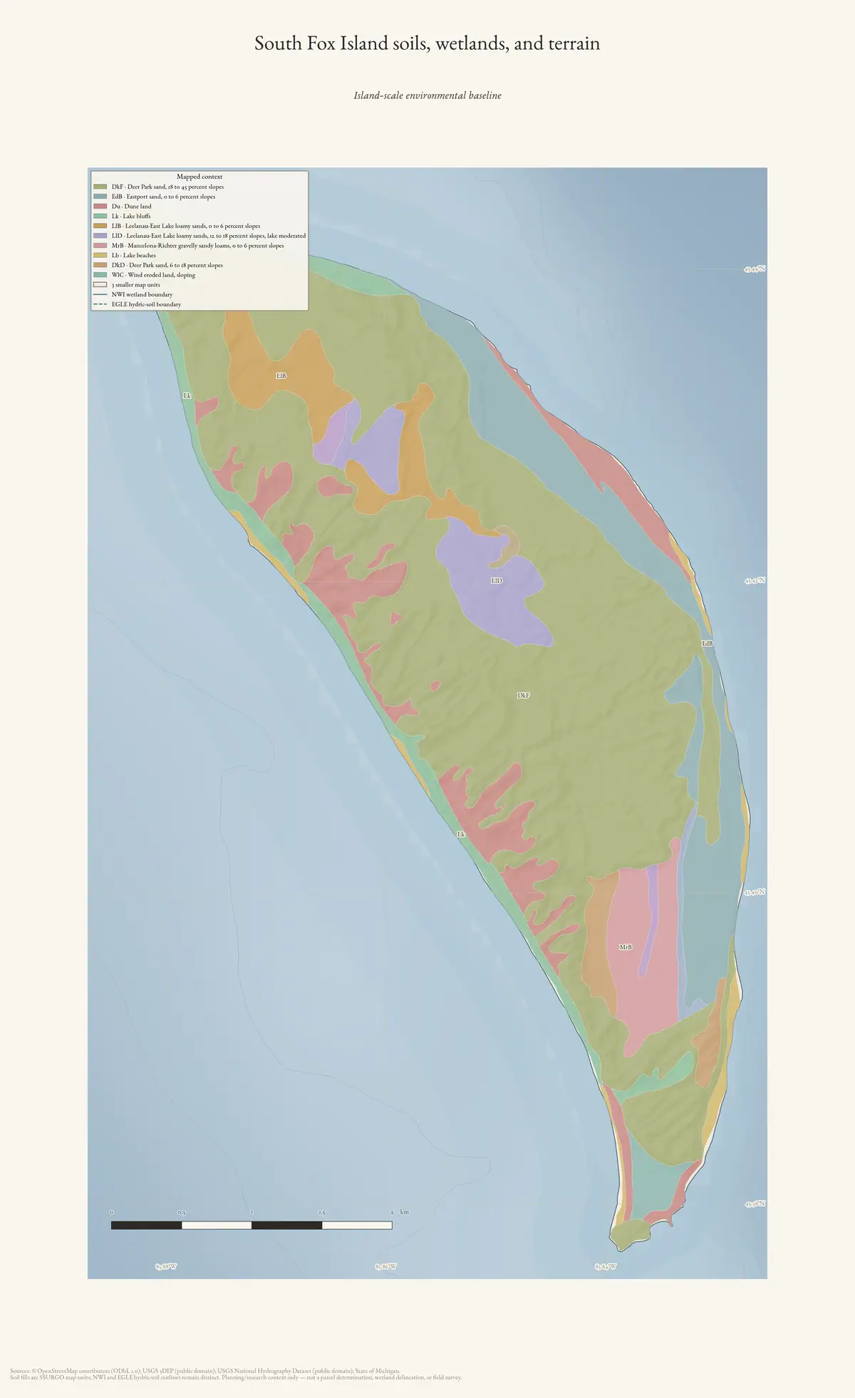 Map: South Fox Island soils, wetlands, and terrain.