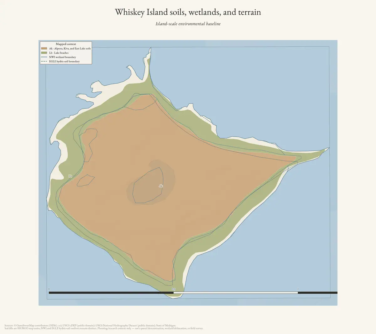 Map: Whiskey Island soils, wetlands, and terrain.