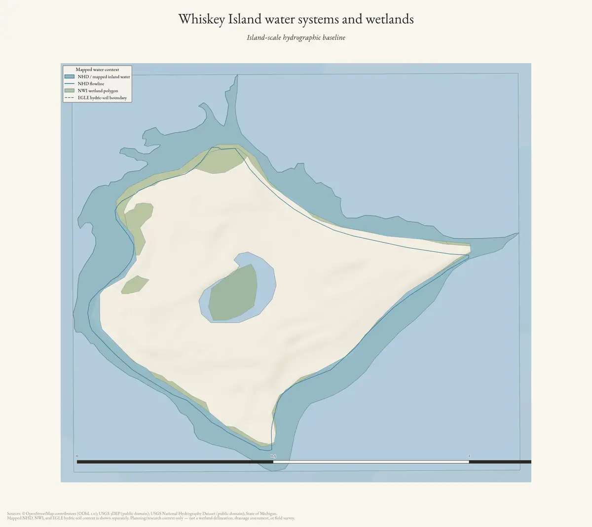 Map: Whiskey Island water systems and wetlands.