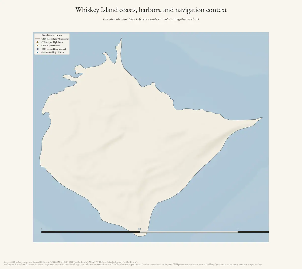 Map: Whiskey Island coasts, harbors, and navigation context.